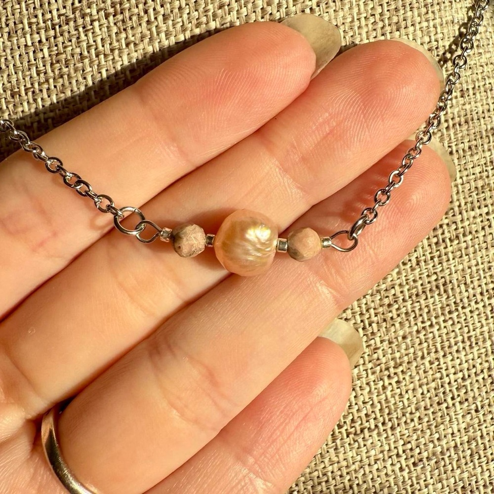 Pearl & Rhodochrosite Bar Necklace